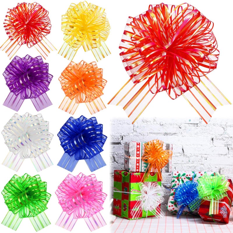 Poen 8 Pieces Large Pull Bow 6 inches Organza Gift Wrapping Ribbon Bow for Wedding Baskets Gift Wrapping and Decoration(Mixed Color) - Image 1
